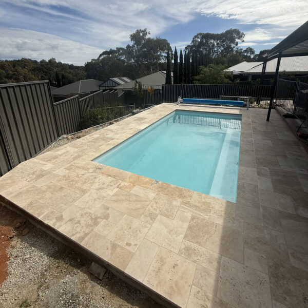 Country Blend Travertine Pool Paving French Pattern | Hourigan Landscaping2