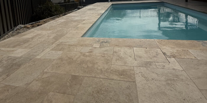 Country Blend Travertine Pool Paving French Pattern | Hourigan Landscaping3