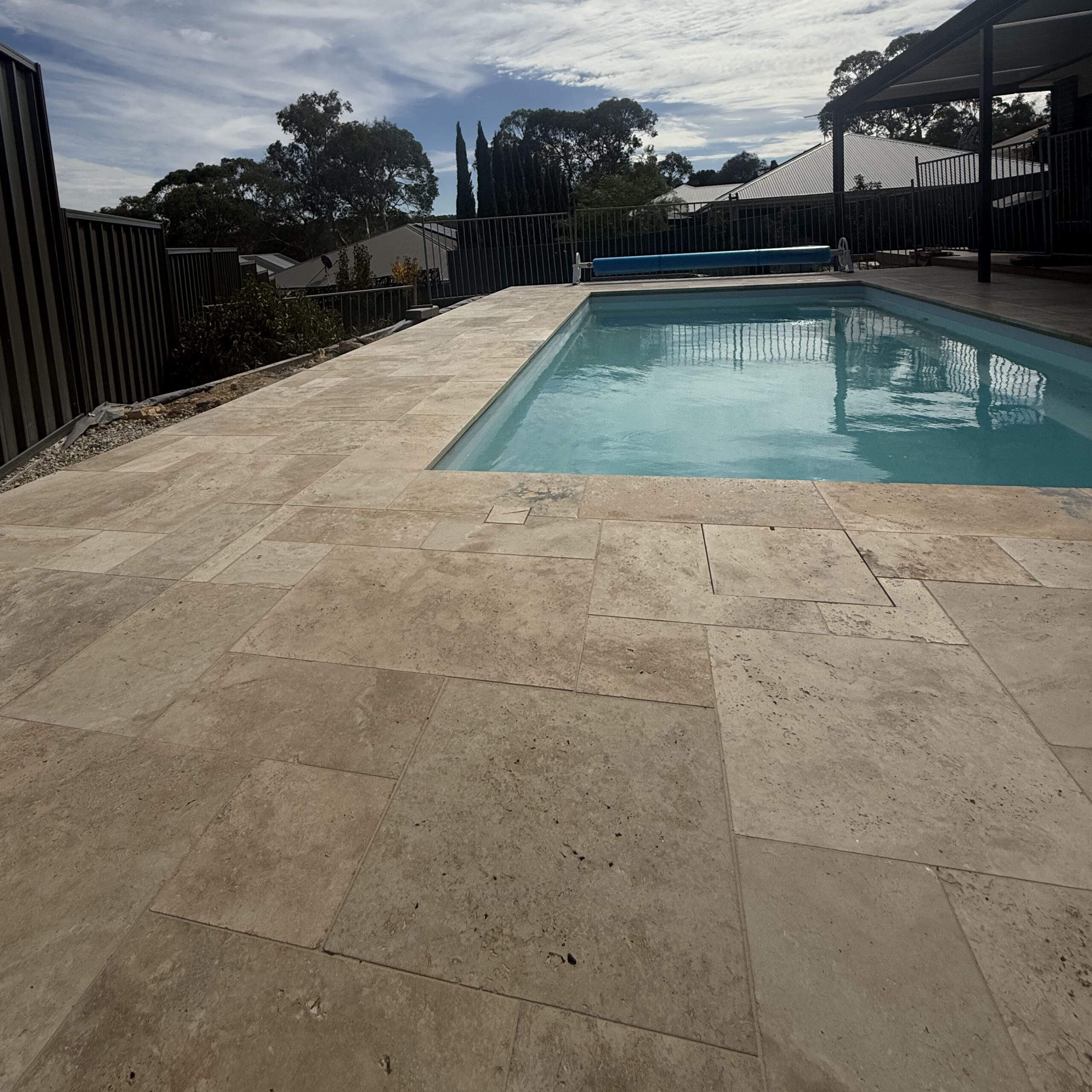 Country Blend Travertine Pool Paving French Pattern | Hourigan Landscaping3