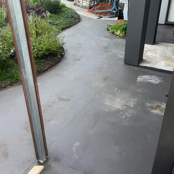 Before 12mm Silver Travertine French Pattern tiles entrance | Hourigan Landscaping